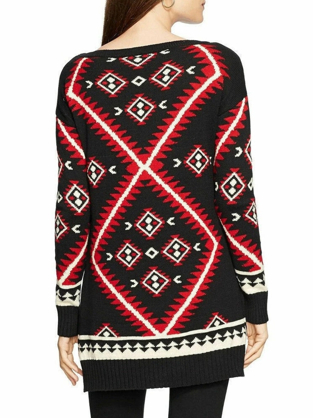 Ralph Lauren Black Aztec-Pattern Tunic Sweater w/ Red Accents Long Sleeves- L - Picture 2 of 15